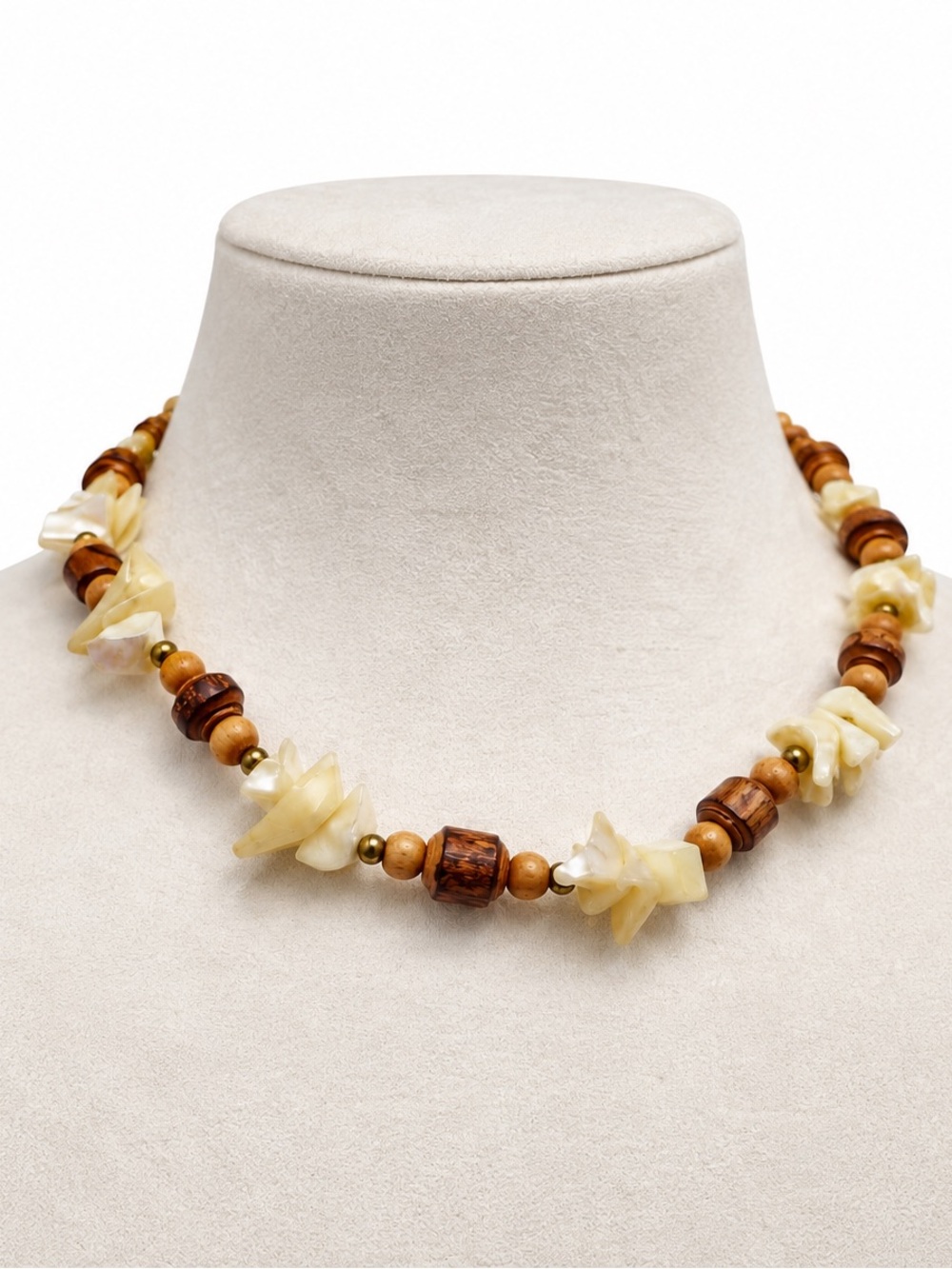 Boho Beachy tan wooden beads shells surfer girl necklace ivory